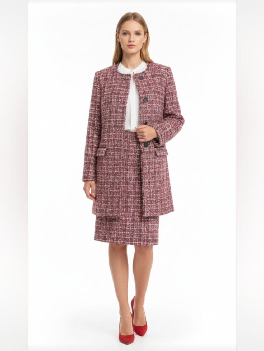 NWOT! TALBOTS! STUNNING RED, ORANGE, BROWN, BLK & CREAM WOOL+ SKIRT SUIT! SZ 4P
